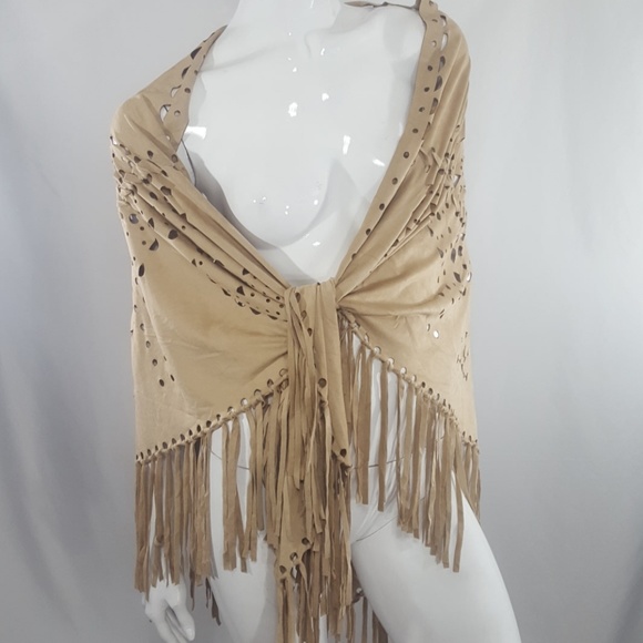 Elan Accessories - Elan Faux Tan cutout fringe Shawl